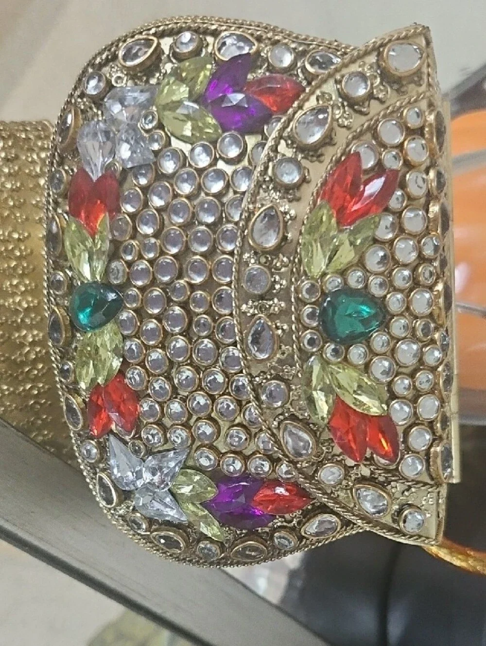 Embellished Gold Crystal Kundon Evening Handmade Clutch - Multicolor Accents